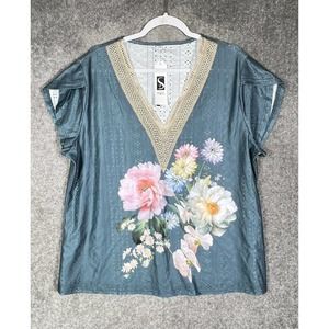 Saukole V-Neck Floral Perforated Embroidered Cap Sleeve Top Womens XXL‎ Teal NWT